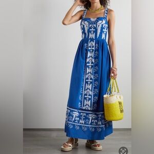 FARM Rio Navy Macaw Embroidered Blue and White Maxi Dress, XS